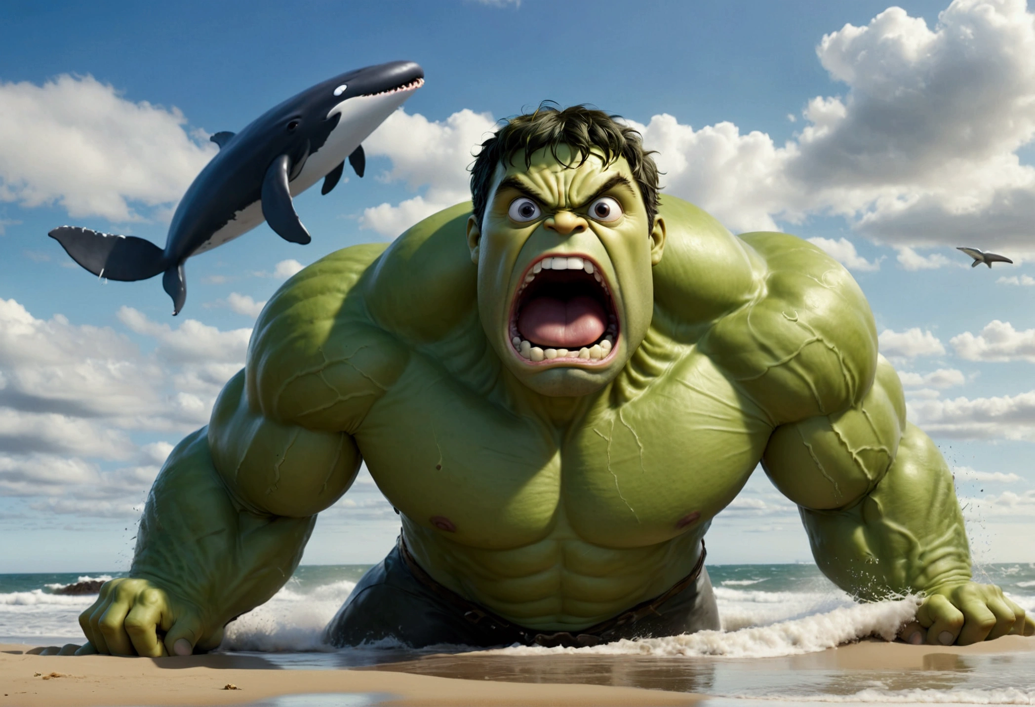 The incredible hulk, standing on the beach has just tossed a whale back towards the ocean. View is comical, view is facing the whale mid air with huge eyes and shocked open mouth