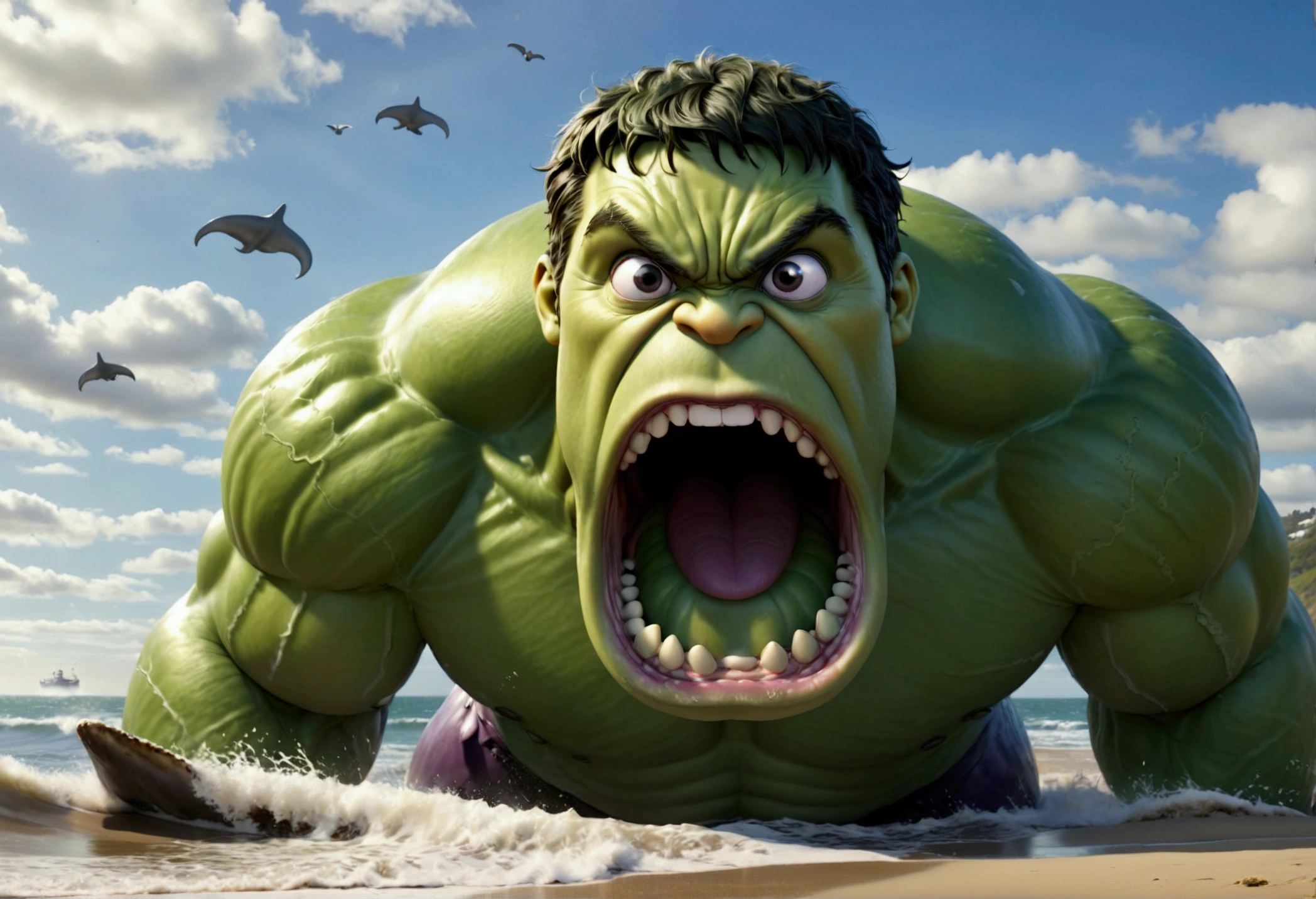 The incredible hulk, standing on the beach has just tossed a whale back towards the ocean. View is comical, view is facing the whale mid air with huge eyes and shocked open mouth