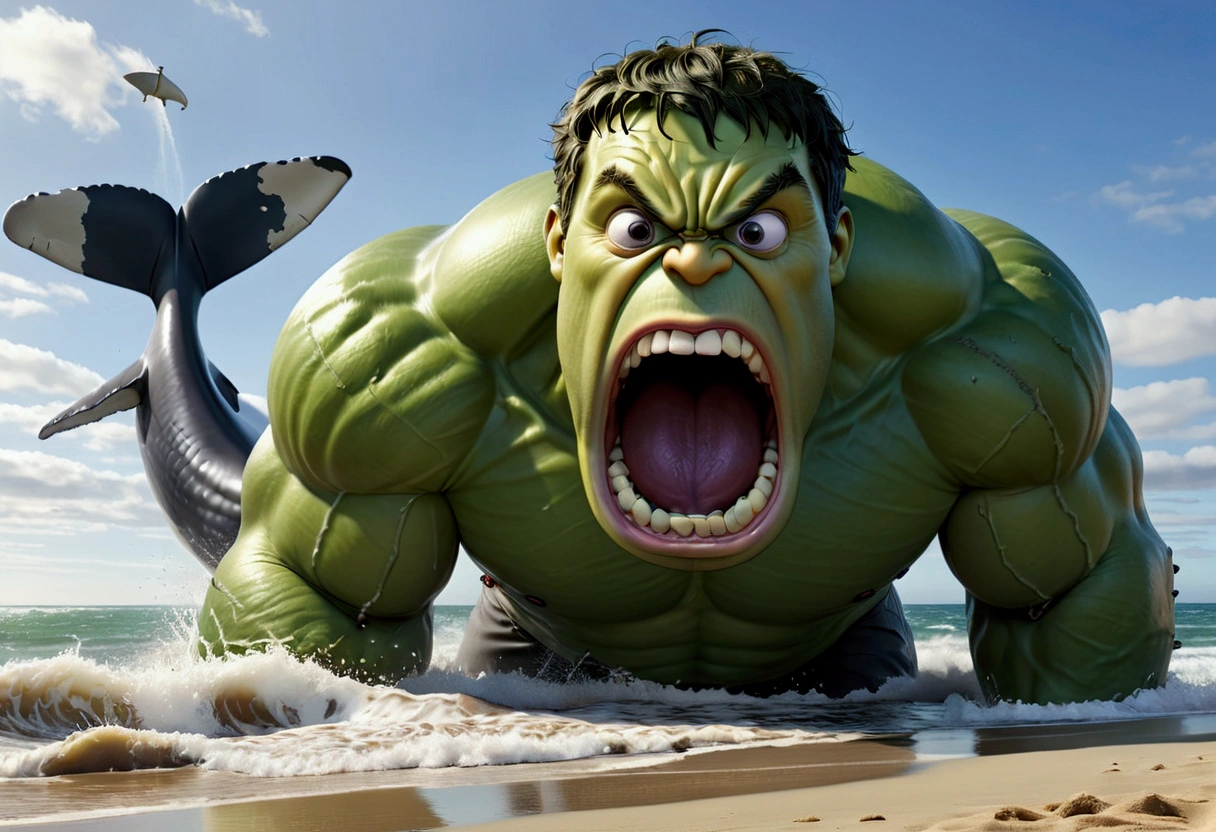 A muscular green humanoid figure, The Incredible Hulk, standing on a beach, has just thrown a massive whale back towards the ocean, the whale mid-air with huge eyes and an open shocked mouth, comical scene, (best quality,4k,8k,highres,masterpiece:1.2),ultra-detailed,(realistic,photorealistic,photo-realistic:1.37),hyperrealistic,3D render,dramatic lighting,vibrant colors,action pose,ocean background,beach setting