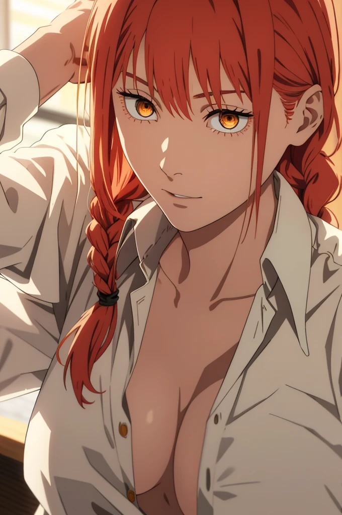 hand \(Chainsaw Man\),, One Girl, only, sit, Redhead, Long braided hair, Golden Eyes,(( show off breast )), Mid-chest, full open white shirt, perfect navel, Perfect collarbone, （White panties）, (just:1.2), look up , (close up face:1.3), , Upper Body, Highest quality, Glowing Skin, Highest quality, High resolution, ,