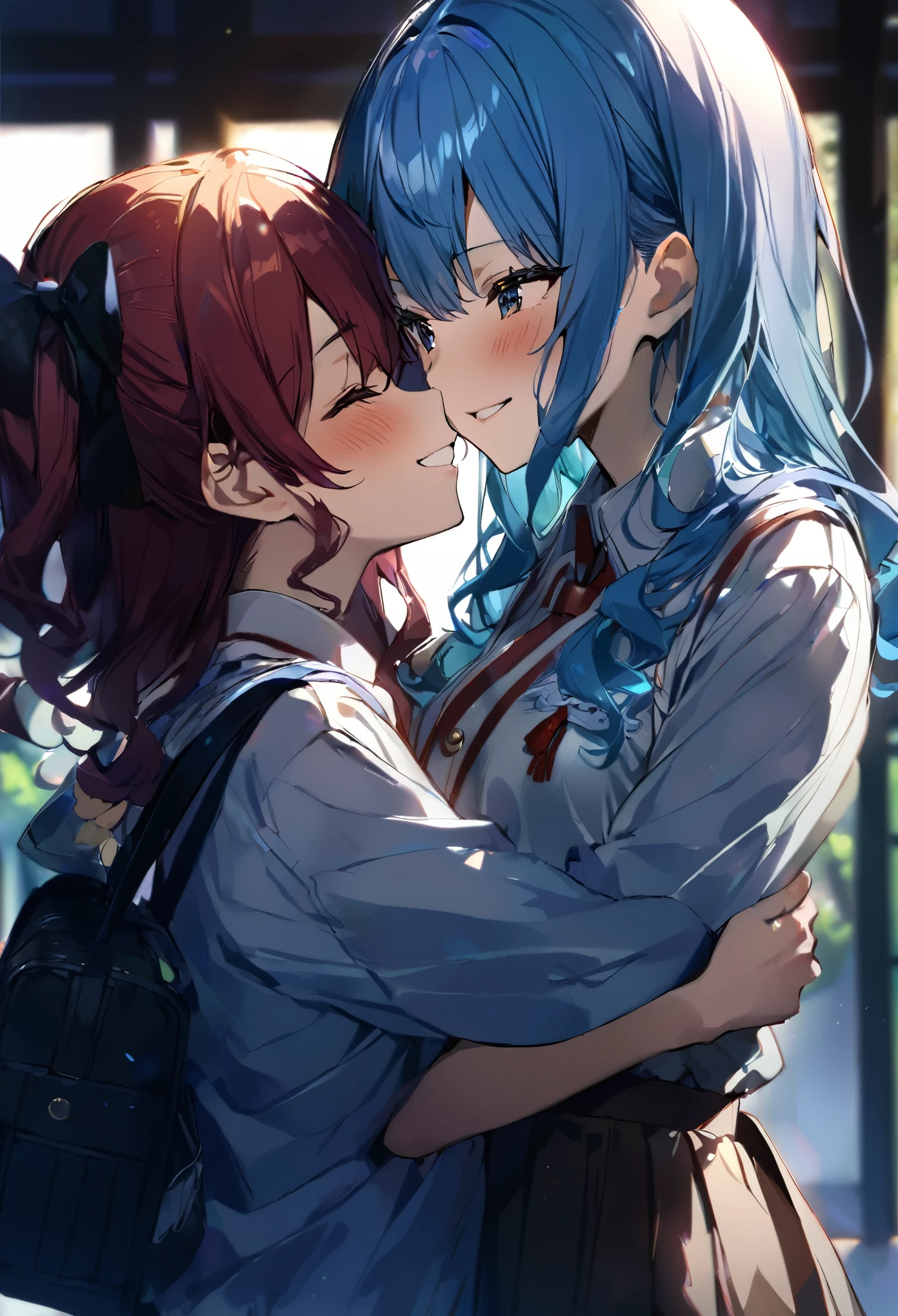 (((2girls))), together, two people, masterpiece, best quality, integrated scenery, integrated background, extremely delicate and beautiful, meticulous details, good composition, closed_eyes, cute face, perfect face, perfect hands, fingernails, sakura miko, SakuraMiko, HoshimachiSuisei, hoshimachi suisei, blurry background, sunlight, light blush, ((school)), upper body, looking each other, smile, , (hugging each other),in_school,sunlight,kissing,happiness,