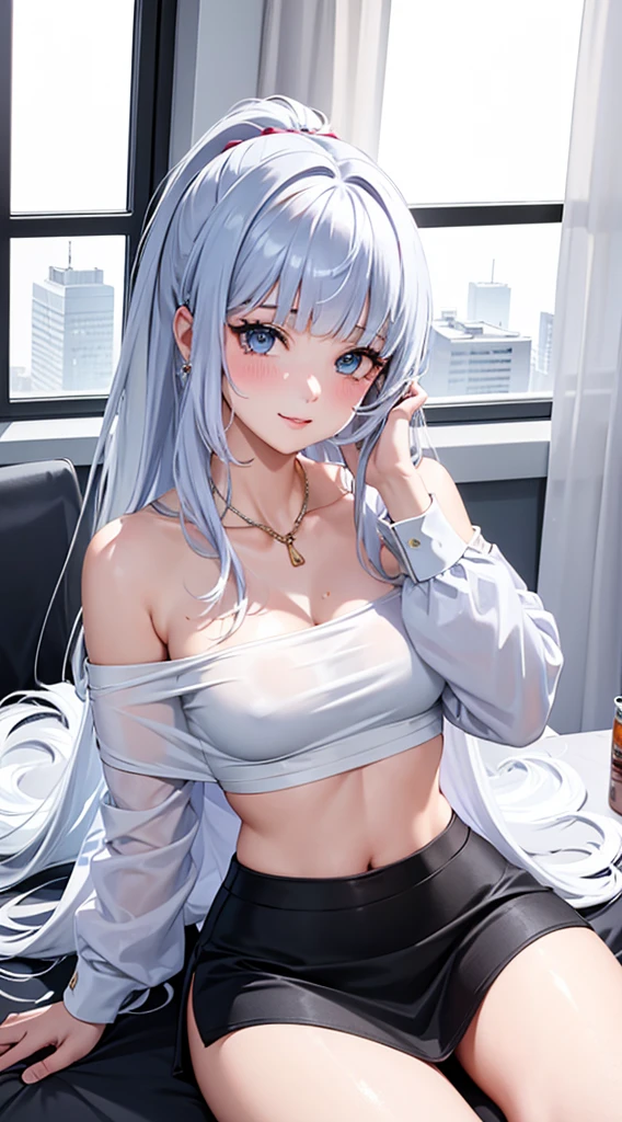 Character Details:, - Gender: 1 Girl.
- Style: Anime, - Body Type: Attractive body, slim body, nice legs, slim tights, nice arms, nice shoulders. - Breast: ((Small Breast:1,5)), Cleavage.
- Facial Featureeautiful, Gorgeous, ager, Fresh, Young.
- Expression: Shy, Smile, Horny, Pink Blush on Face, Sexy Eyes, Sexy Look, Sweating, Innocent Look, Tipsy. - Hairstyle: Blunt Bangs, Long Hair. - Hair Color: Light Blue Hair.
- Clothing: ((Office White Shirt:1.4)), (Black Bra:1.2) ,((Office Skirt:1.4)), (off-shoulder:1.6), (Stocking:1.4). - Body Pose: (Sitting). - Behaviour: Waiting, Want Something, Secretly.
- Accessories: Earrings., Environmental Details:, - Setting: Office Room., - Lighting: Natural Light., - Decoration: Modern Office Desk, Chair, Window, White Curtain, City View. Top view. pov, anime style, UHD, retina, masterpiece, accurate, anatomically correct, textured. cute, nice body, girl, topless, breast fungus, anus, vagina, pink cheeks, beautiful, don't wear clothes, anime, ,