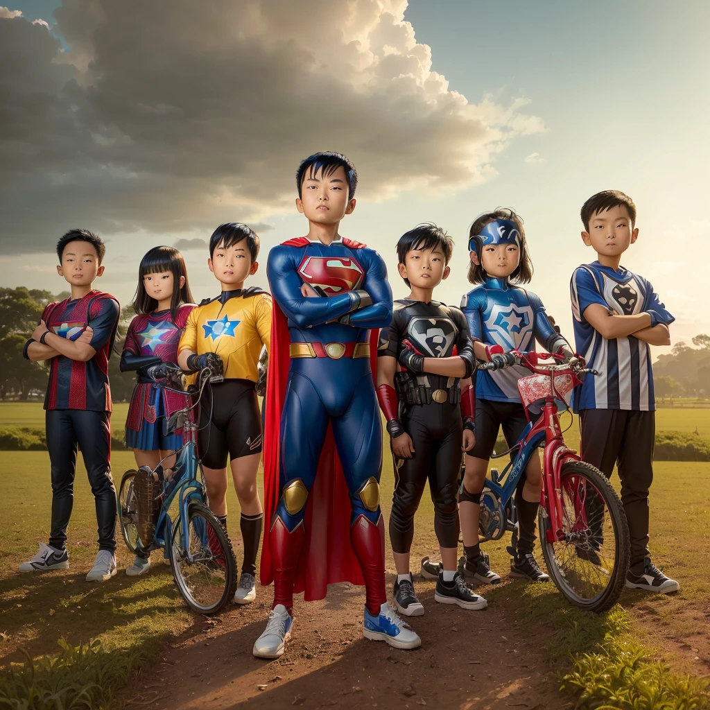 group 7 to 10 years old indonesian kids, wearing casual outfit, sport jersey outfit, bicycle, skateboard, standing in the middle of field, afternoon light, realistic photography, hd image, super hero pose