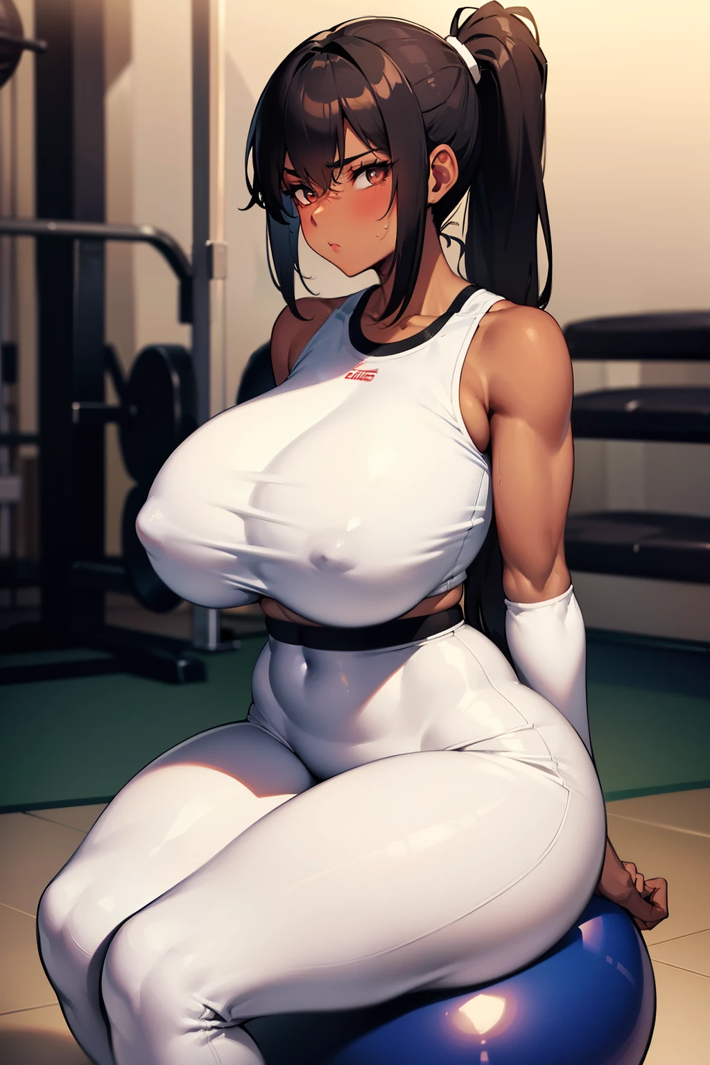 gym, workout, hot, sweating, black hair, sweaty, white clothes , white yogapants, dark skin, tan, big , tan skin, Best quality, exercise ball , sitting on exerciseball gym ball, medium breast, big breasts breasts, entitled, looking down, gyaru, angry, black hair, exercise ball , sitting on exerciseball gym ball, black ponytail ,  dark skin, massive ass, black hair, very curvy, dark brown skin, black ponytail   Brown eyes, slutty, gym, gyaru, older woman, milf, full lips, seductive, black ponytail , anoyed look, milf, older woman, white clothes, yoga pants, gym, massive breast, wide hips, darkskin, tan, black hair, dark hair,  exercise ball , sitting on exerciseball gym ball, gym ,white clothes ,,curvy woman,curvy woman, ,gym, in gym, white clothing, white yogapants, sfw, gym, white pants, white clothes, white yogapants, black hair, brown skin, curvy woman, milf, huge breast, exercise ball , sitting on exerciseball gym ball, ponytail, curvy woman,