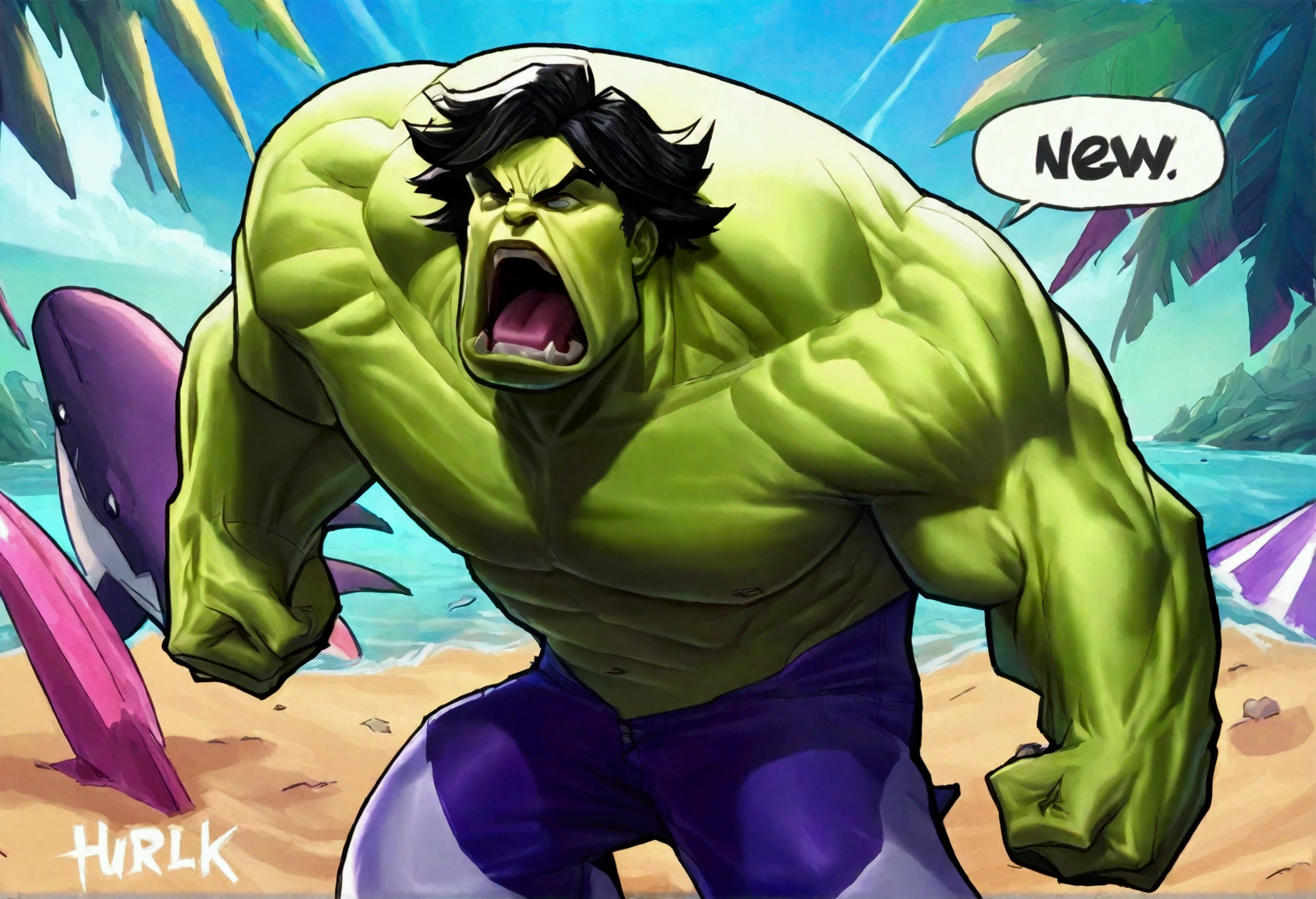 The incredible hulk, standing on the beach has just tossed a whale back towards the ocean. View is comical, view is facing the whale mid air with huge eyes and shocked open mouth