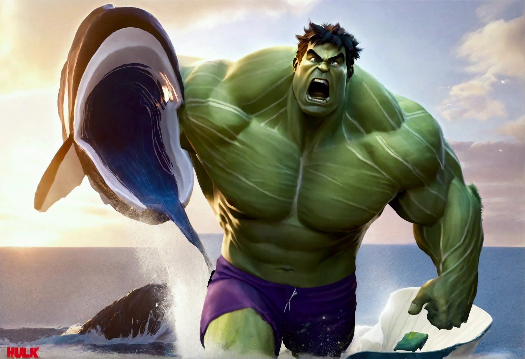 The incredible hulk, standing on the beach has just tossed a whale back towards the ocean. View is comical, view is facing the whale mid air with huge eyes and shocked open mouth
