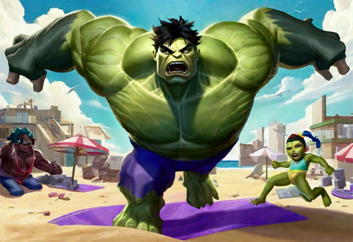 The incredible hulk, standing on the beach has just tossed a whale back towards the ocean. View is comical, view is facing the whale mid air with huge eyes and shocked open mouth
