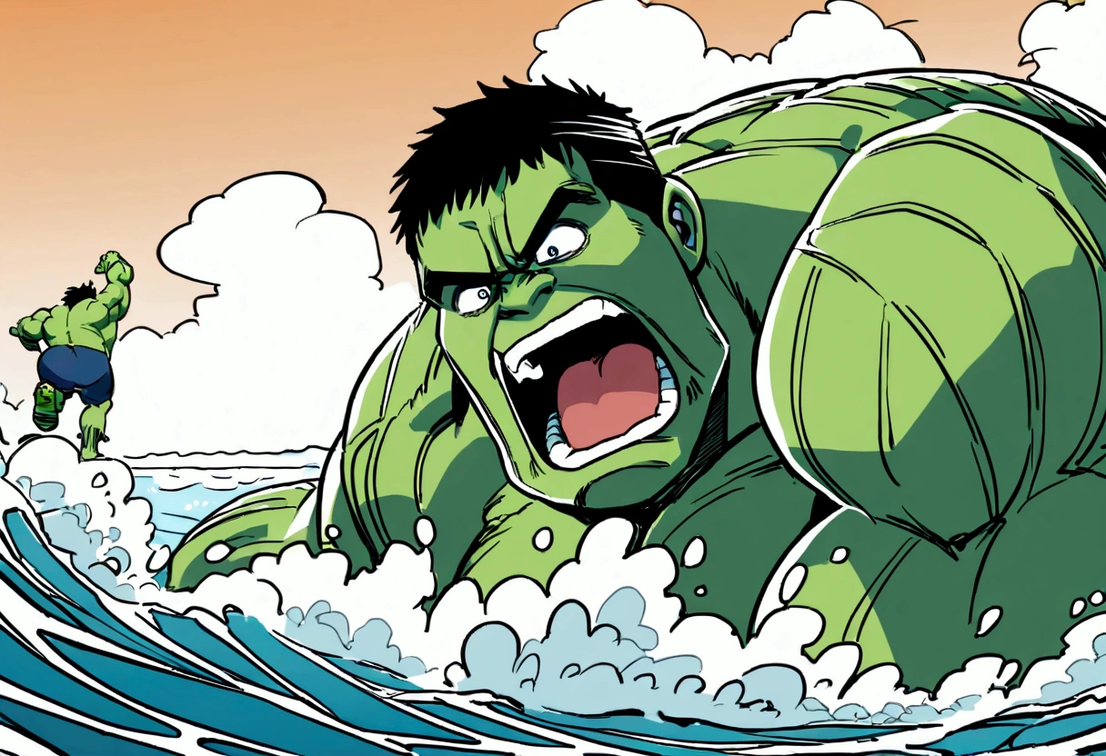 The incredible hulk, standing on the beach has just tossed a whale back towards the ocean. View is comical, view is facing the whale mid air with huge eyes and shocked open mouth