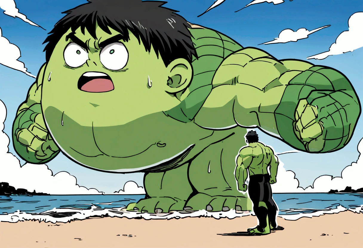 The incredible hulk, standing on the beach has just tossed a whale back towards the ocean. View is comical, view is facing the whale mid air with huge eyes and shocked open mouth
