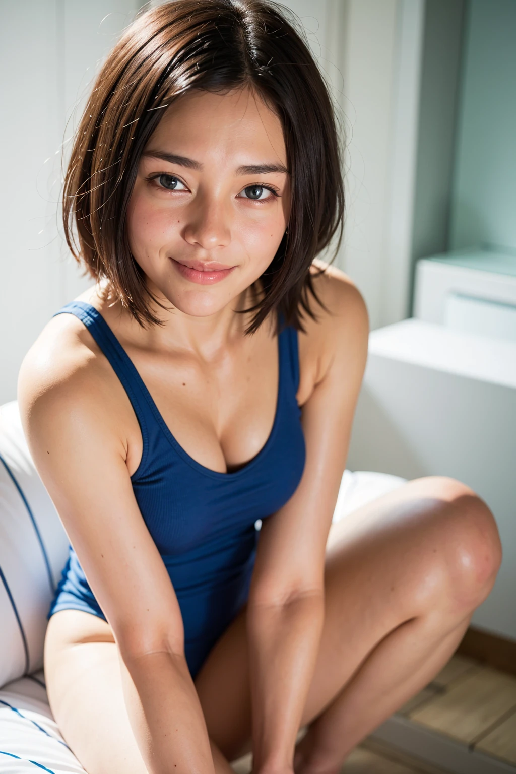 Top quality, 1 beautiful woman, super short Hair, wearing One-Piece Swimsuit, shy-smile