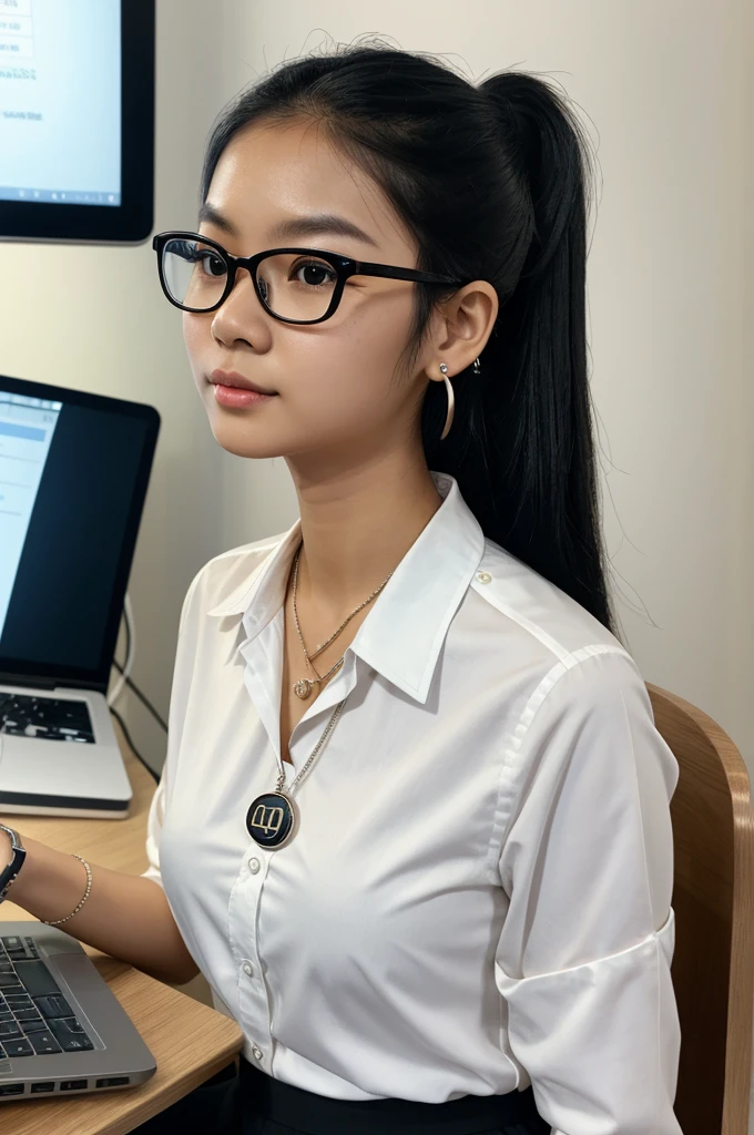 Photorealistic portrait of a 19-year-old Thai woman, long black hair in ponytail, oval face, big round eyes, high nose, thin lips. Wearing white shirt, black skirt, thin-framed glasses. Confident pose, holding laptop. Smart watch, small earrings, tiny computer icon necklace. SPU university pin on shirt. Background: modern IT classroom or campus