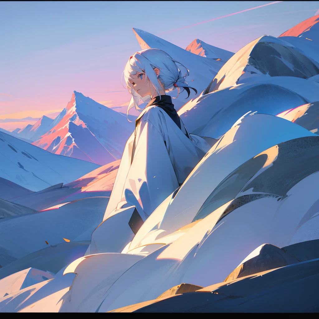 Anime girl, white hair, sky, mountains
