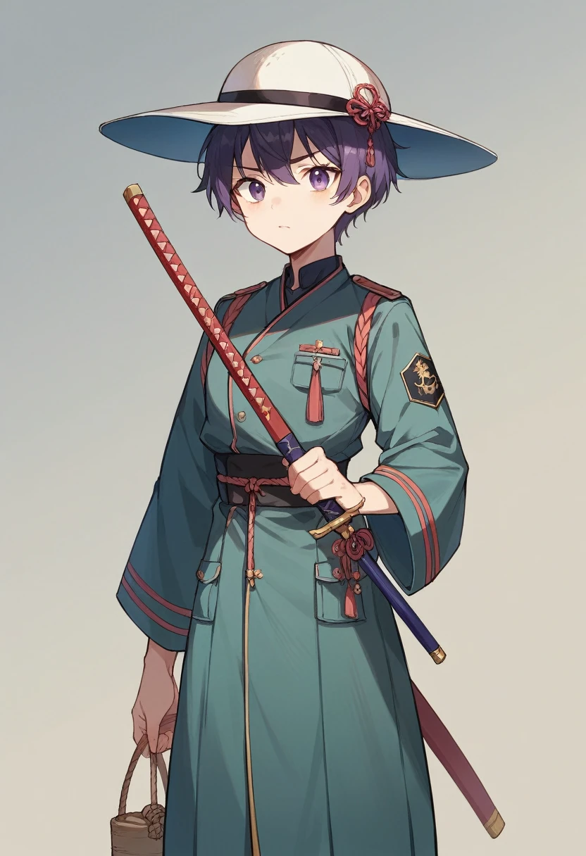 youth、Holding a Japanese sword、purple、Short Hair、uniform、Downcast、hat、cool