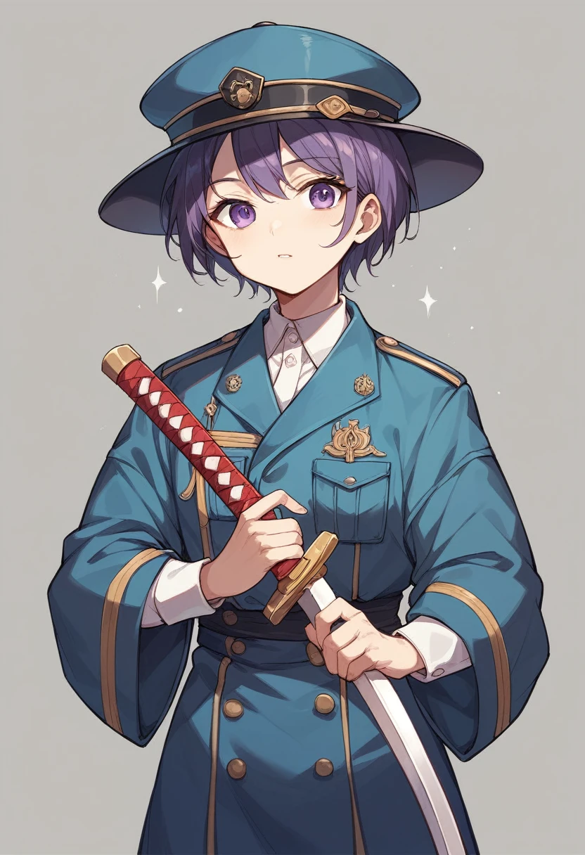 youth、Holding a Japanese sword、purple、Short Hair、uniform、Downcast、hat、cool