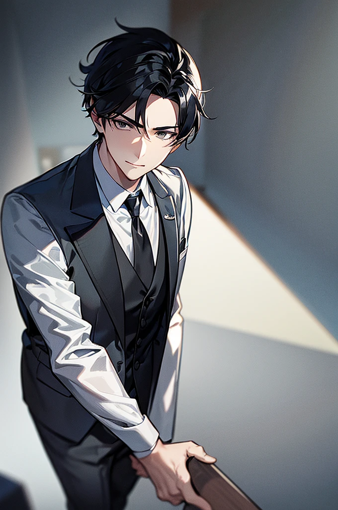 Content: A 3/4 shot of a front-facing young adult man in a butler suit and tie, wearing formal attire. He has white hair, grey eyes, and a confident smirk on his youthful yet mature face. One arm is clenched in a ball against his chest, and the other arm is at his side.

Medium: Digital art, anime illustration.

Lighting: Soft, natural lighting to highlight his features and the details of his suit, creating a balanced and realistic look.

Colours: Greyscale background to make the character stand out. The butler suit is primarily black with white accents.

Composition: A 3/4 shot that focuses on the character’s upper body, captured with a 50mm lens to create a natural perspective. The character is centered in the frame, with enough space around him to highlight his confident pose.