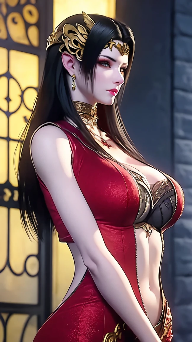 masterpiece, best quality, ultra high res, beautiful detailed hair detailed face, perfect feminine face, (((taihou))), azur lane, twintails hair, ahoge, black hair, hair ornament, (red evening gown), (gigantic breasts:1.4), sagging breasts, huge cleavage, art by sakimichan, george kamitani, akira yasuda