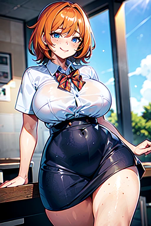 Ginger hair, blue eyes, rounded rear, good breast, thick thighs, wide hips, tall, freckles, at school, classroom scenario, walking, close to viewer, short tomboyish hair, tomboy, messy hair, white scholar shirt, school skirt, school formal shoes, one girl, ginger haired, beautiful, cute, blushing, five fingers, cute, chubby, soft chubby, smiling shily, big soft legs, freckles on face. Freckles on legs, messy hair tomboy style