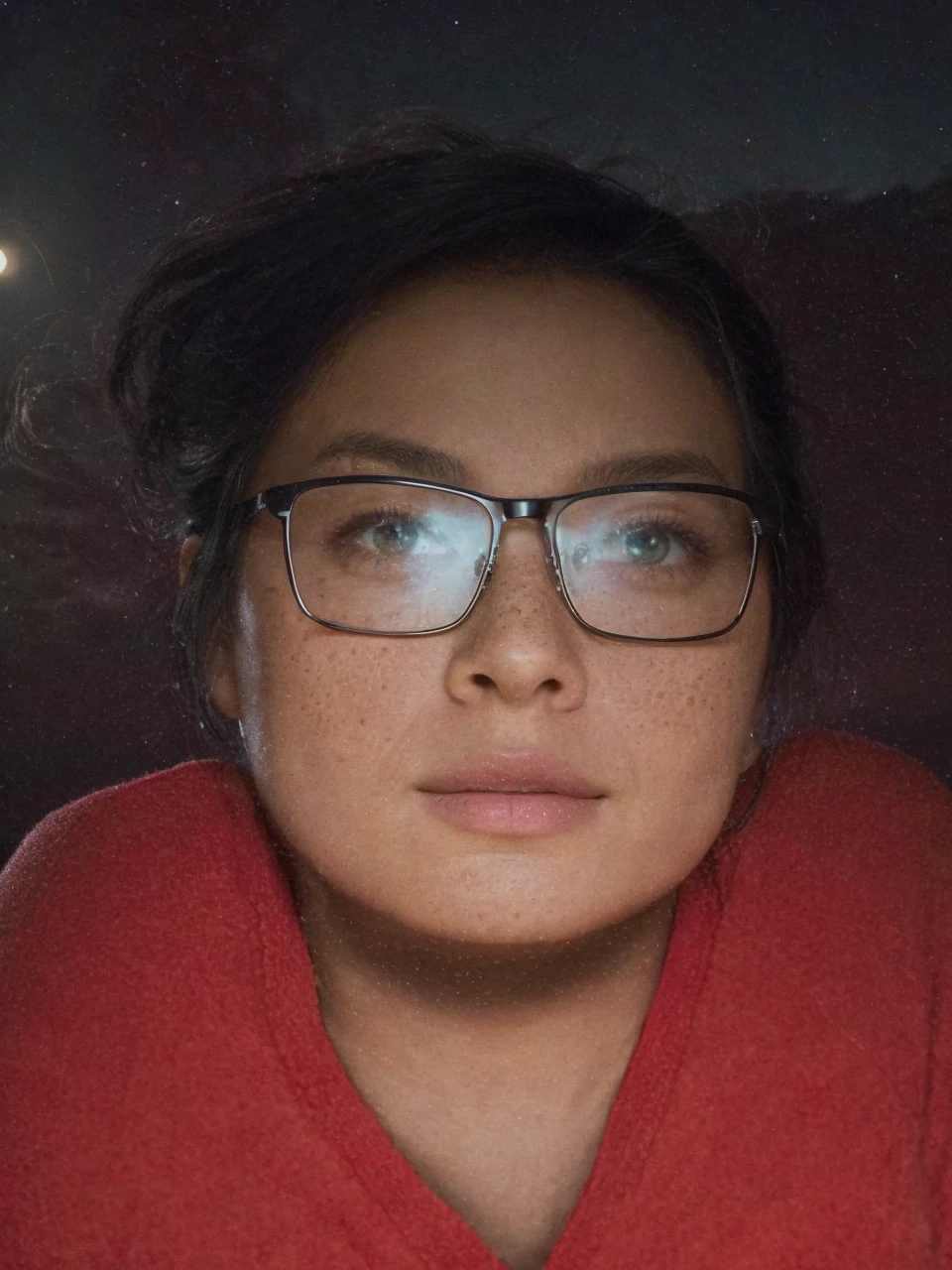 A 22 Y/O girl with short BLACK hair, green eyes, and freckles is wearing a red overall and a blue shirt with rolled-up sleeves. She is standing in front of a mountain with the moon in the night sky. The girl has a smile on her face and she is looking directly at the viewer. The image is of the best quality with 4k or 8k resolution and high details. It has a realistic and photorealistic style, emphasizing ultra-detailed features. The color tone is lively and vibrant. The lighting is set to create a nighttime atmosphere.