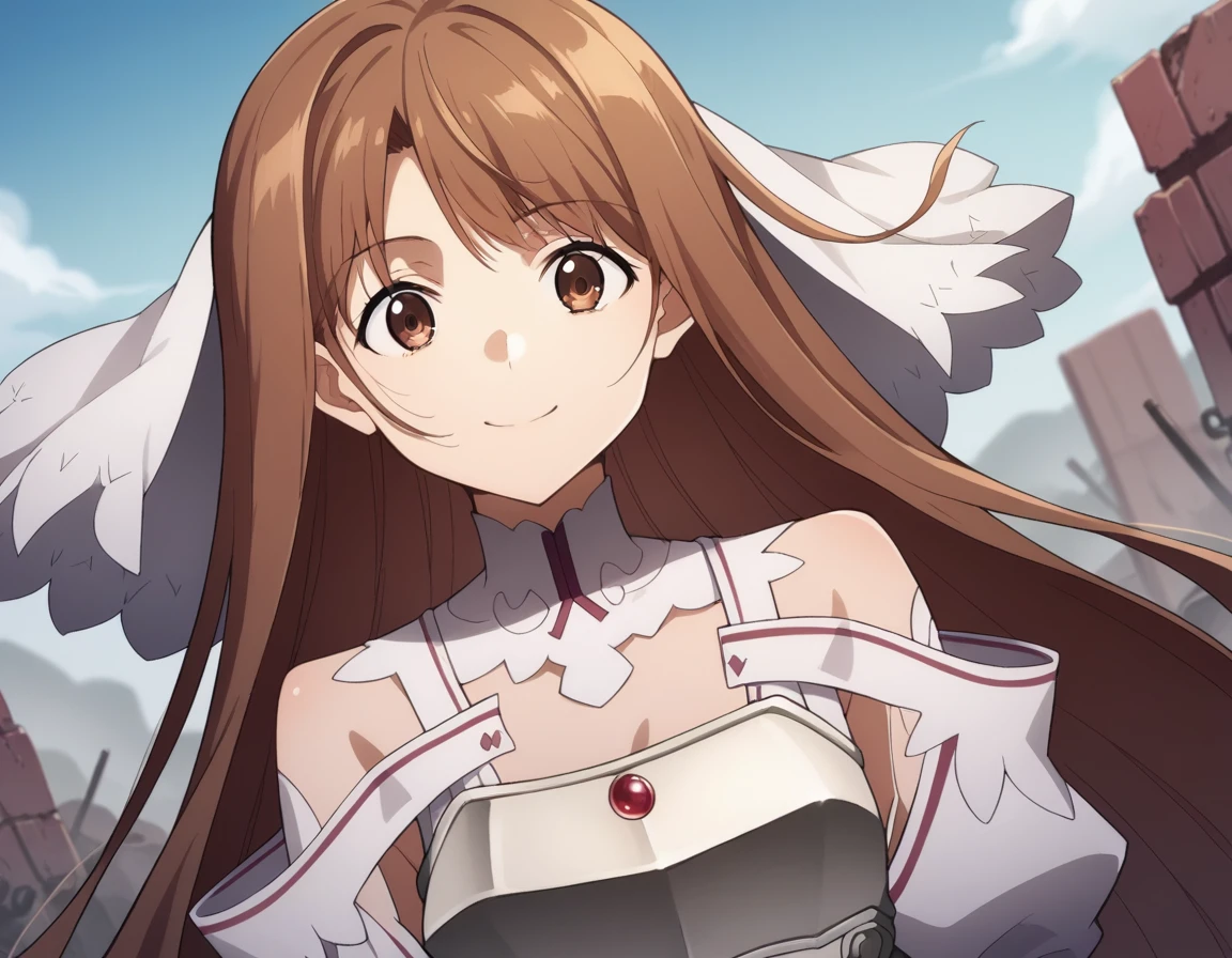 score_9, score_8_superior, score_7_superior, sauce_anime,
asunayuuki, As Yuuki, Long Hair, bangs, Brown Hair, Brown eyes, very Long Hair, Braiding, 
dress, Exposing shoulders, Removable sleeves, white dress, armor, Breastplate destruction, white armor,
Outdoor, wasteland, I had already finished, smile,
alone, View your viewers, Cowboy Shot, Dutch Angle,Being raped,Regretful face,