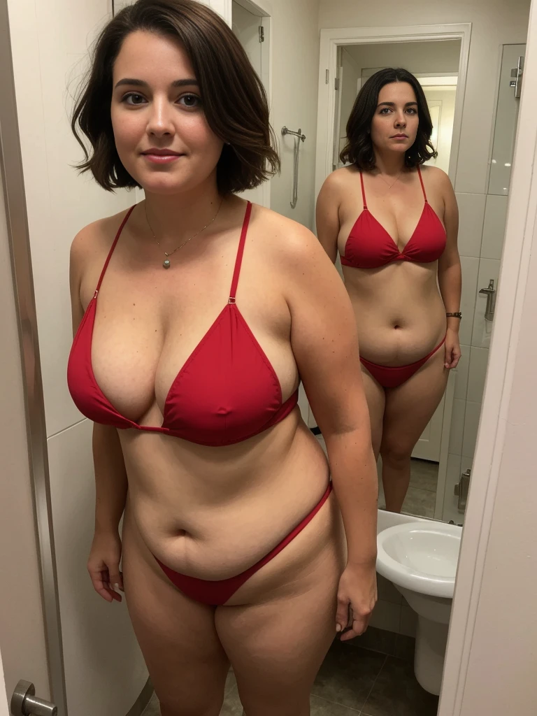 Madeline Lewis, 1girl, ((chubby)), solo, (((consistent face and image))), ((brunette hair)), ((cranky hair)), ((40 years old chubby)), realistic, photorealistic, ((short hair)), (((Caucasian mature woman))), (Swiss woman), (Swiss nose), (Swiss thick lips), ((chubby)), posing inside the mini bathroom, smirking, standing, wearing In style in trend Generation-Z modern bikini wear different colored, standing