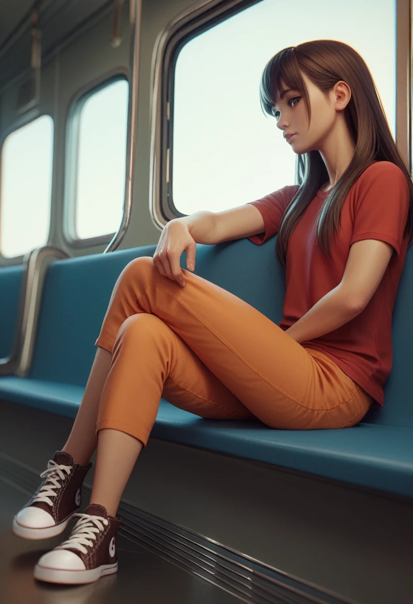 pov, brown long hair, girl, red shirt, orange pants, bangs, 3d, skinny, inside a train, converse shoes, sitting, crossed legs, dick flash, pebis, foreskin