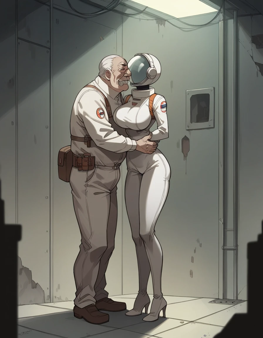 Masterpiece, best quality, Masterpiece, best quality, 1 woman, astronaut suit , wear a hat , big breasts , abdomen , Long legs , Put your hands on your hips... , shoe , 1 man , old man , Dry skin , Waist hug , molest , full body , abandoned factory , at night