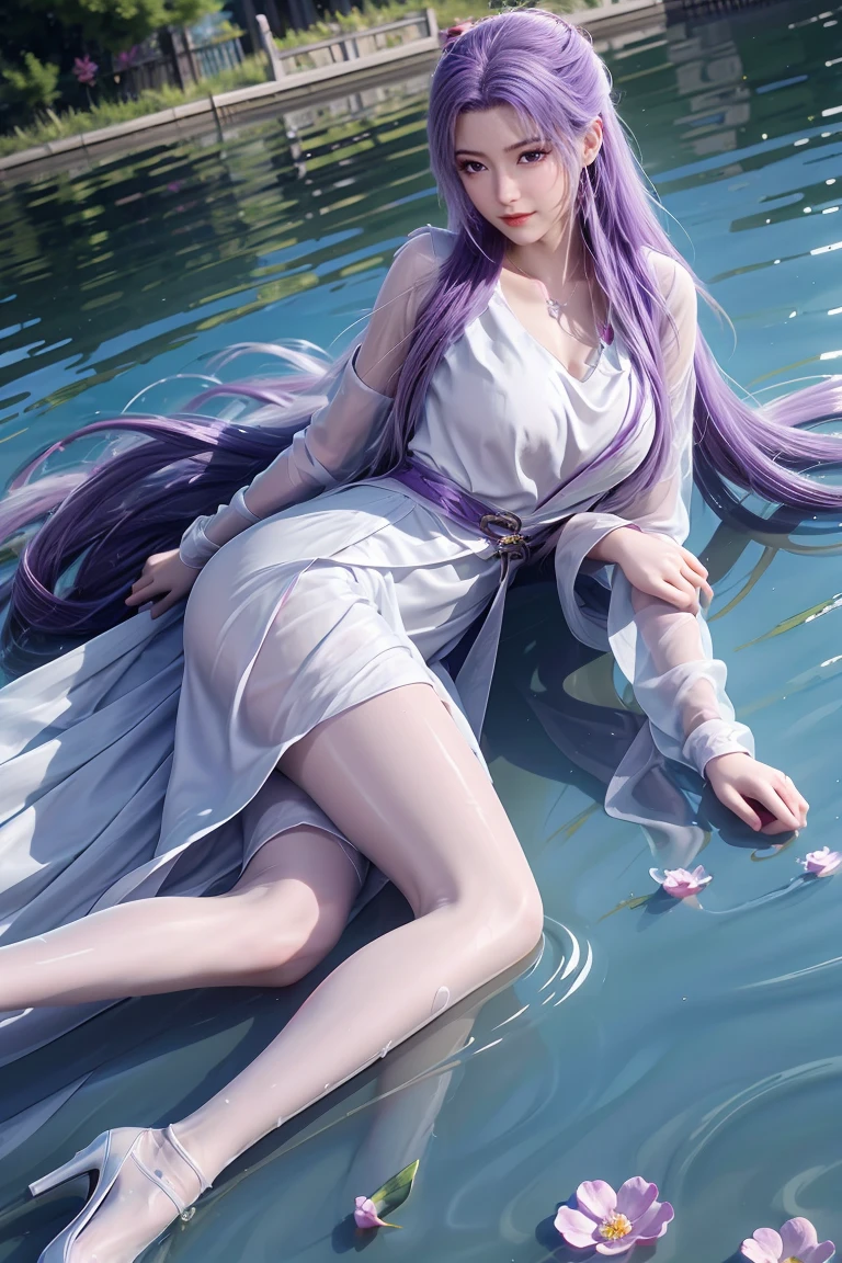 Chinese purple cheongsam，Long legs，In the bedroom，full-body shot，Wearing purple high heels，Lying in the water，Wet hair，Clothes are wet