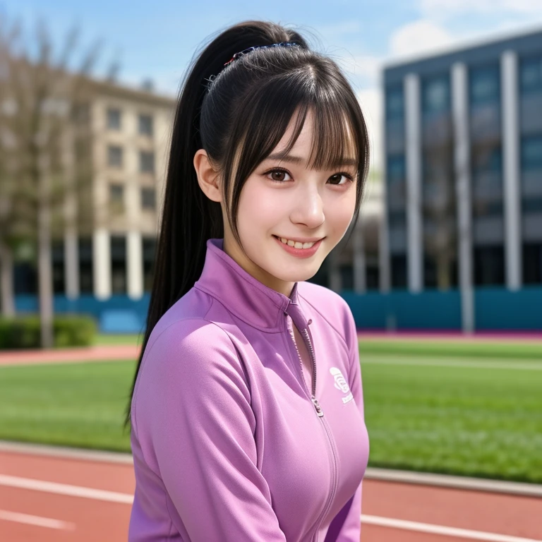 (kawaii 18 year-old Japanese girl, Nogizaka idol, Korean idol, track and field player), healthy female athlete body, (glossy black hair, high ponytail, bangs:1.2), beautiful black eyes, rounded face, single eyelid, (no makeup:1.2), (big laughing), (light pink track jacket, sports leggins:1.2), extra small breasts, BREAK, (park background, turf, summer, sunny daytime:1.2), (dynamic angle, bust shot:1.2), BREAK, (masterpiece, best quality, photo realistic, official art:1.4), (UHD, 8K quality wallpaper, high resolution, raw photo, golden ratio:1.3), (shiny skin), professional lighting, physically based rendering, award winning, (highly detailed skin texture, extremely detailed face and eyes textures), Carl Zeiss 300 mm F/2.8, depth of field, (1girl, solo),