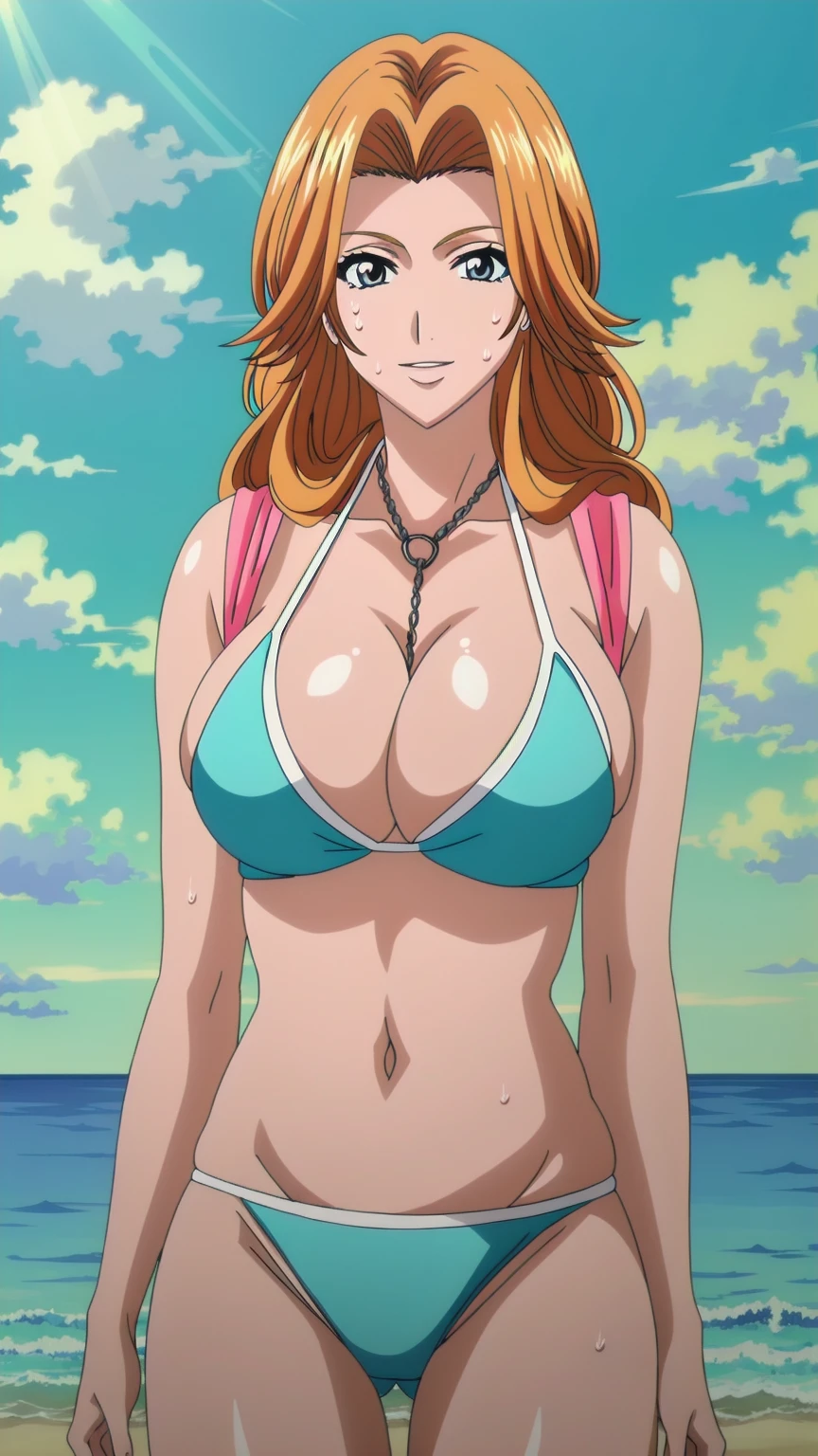 (ultra realistic,32k, masterpiece:1.2),(high detailed skin:1.1),( high quality:1.1),  Rangiku Matsumoto, matsumoto rangiku, 1girl, breasts, solo, long hair,orange hair,looking at viewer, large breasts,standing,huge breasts, smile,(ambient lighting:1.1), (soft shaded:1.1), looking at the viewer, blue theme, blue background, cloudy sky, sunlight, sweat, orgasmic, bikini swimsuit, large breasts, cleavage, belly button exposed, collarbone, thighs, sea and beach,