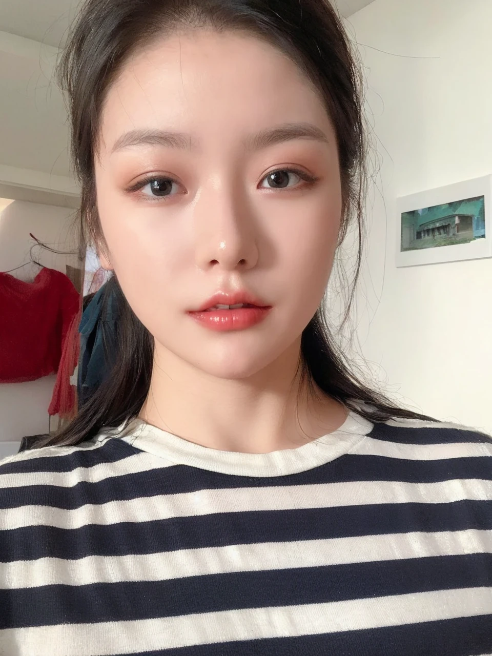 25 years old woman, bokeh, (photorealistic:1.4, realistic),1girl, ((slender body:0.8)) ((large breasts:1)), looking at viewer, (HQ skin:1.4), ((((white dress)))), ((indoor room , bright morning, white background)),