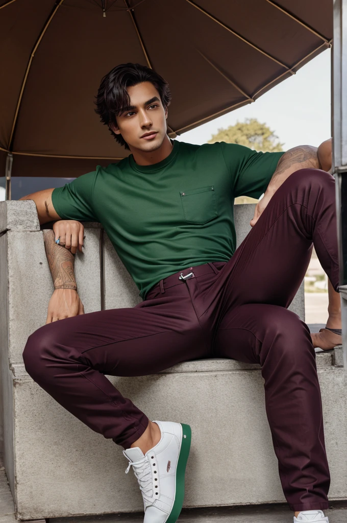 Dark wine red pants with pista green shirt man