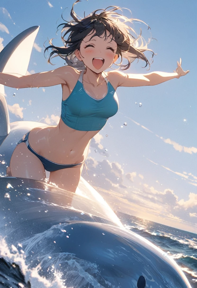 A cute lady wearing a swimsuit jumps in air through the waves while straddling on a whale-shaped float, Looking very happy, like flying, Very detailed, Dynamic action scenes