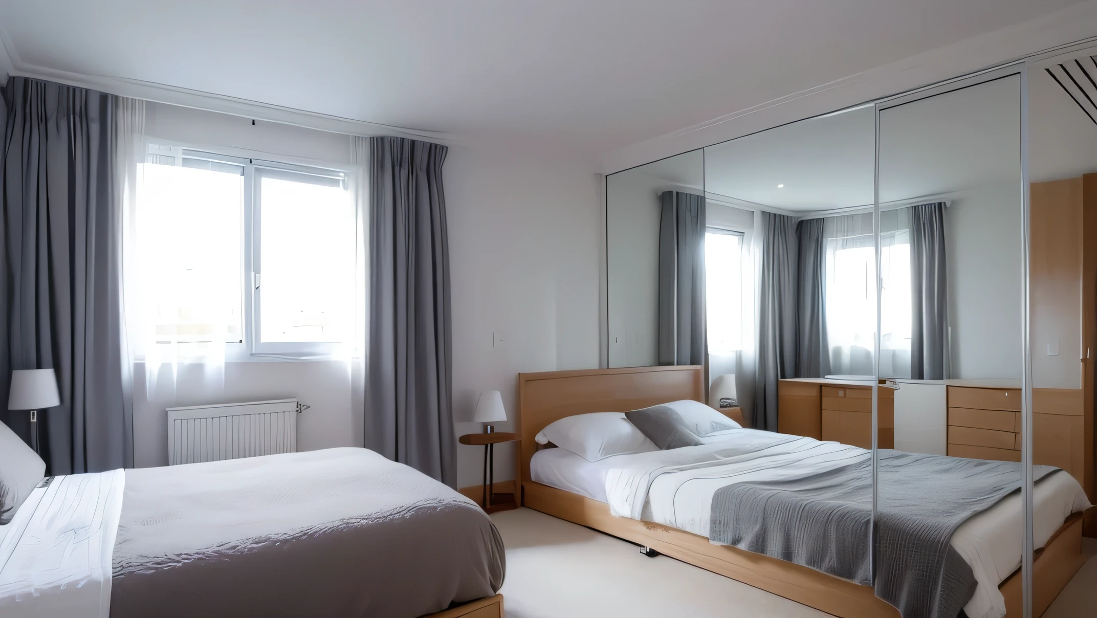 Image of a spacious room with a luxurious white and gray interior with a double bed in a pension