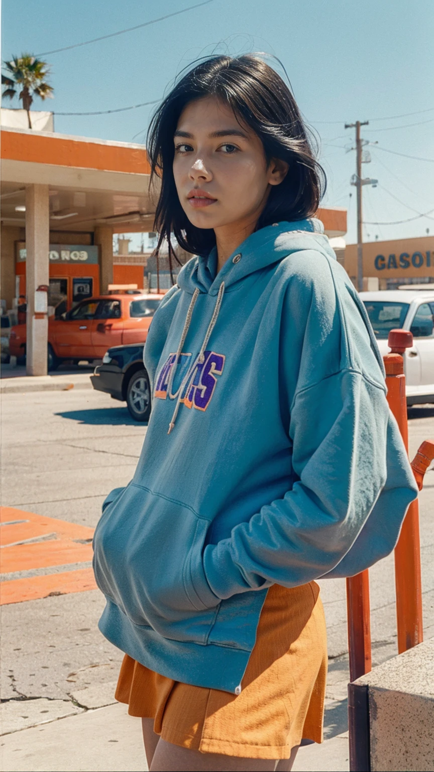 (medium shot portrait) one of cute 23 yo girl ,wear ((orange color oversized_hoodie)), wear ((purple tennis skirt)),looking front,Best Quality,Masterpiece,Ultra High Resolution,(Realisticity:1.4),Original Photo, 1Girl, light leak,ultra high resolution,UHD,beautiful, (black straight hair), almond eye, no makeup, in front of ((80's los angels colorful gas station)), (realistic:1.2), (surreal:1.3), (very detailed:1.1), ((masterpiece)),summer, blue sky, palm trees,sunny, los angles vibes,film camera, 800mm lens,style of Philip Lorca diCorcia