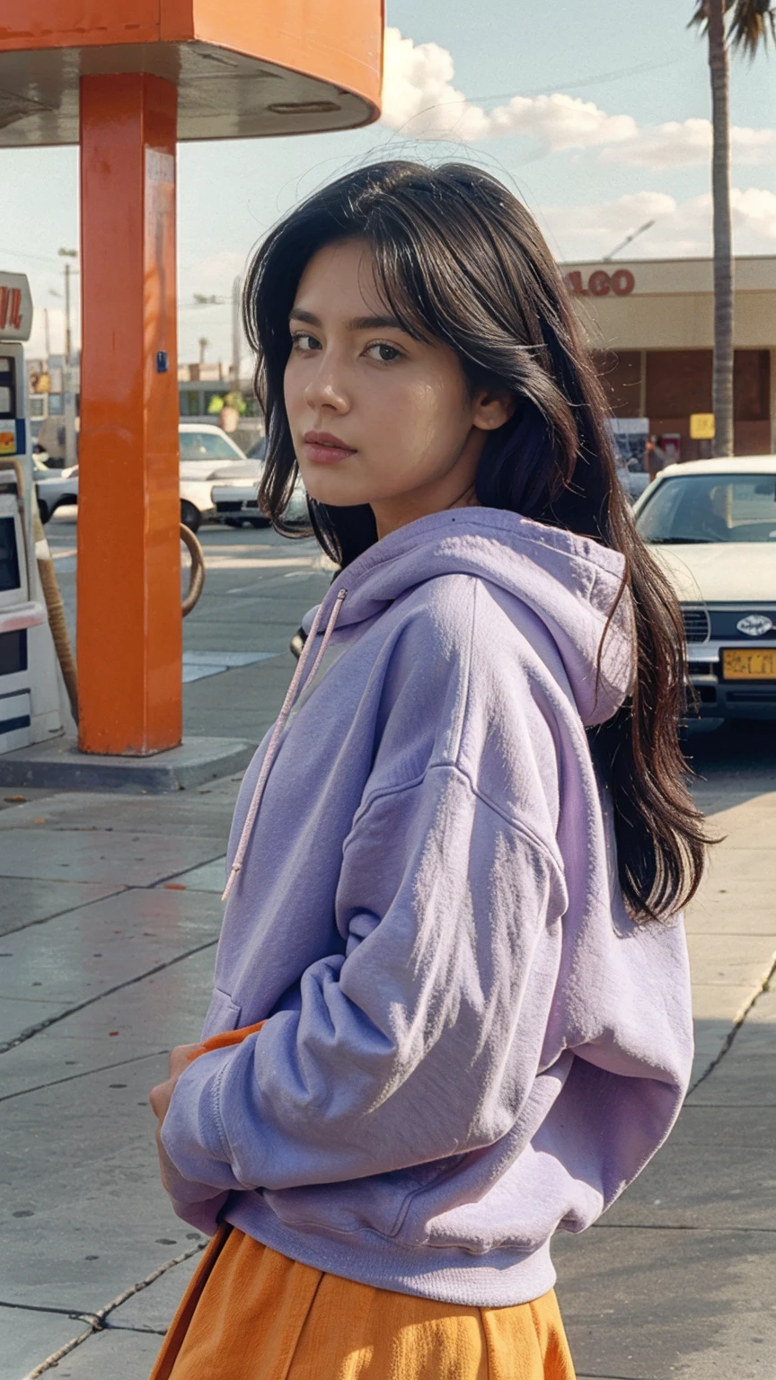 (medium shot portrait) one of cute 23 yo girl ,wear ((orange color oversized_hoodie)), wear ((purple tennis skirt)),looking front,Best Quality,Masterpiece,Ultra High Resolution,(Realisticity:1.4),Original Photo, 1Girl, light leak,ultra high resolution,UHD,beautiful, (black straight hair), almond eye, no makeup, in front of ((80's los angels colorful gas station)), (realistic:1.2), (surreal:1.3), (very detailed:1.1), ((masterpiece)),summer, blue sky, palm trees,sunny, los angles vibes,film camera, 800mm lens,style of Philip Lorca diCorcia