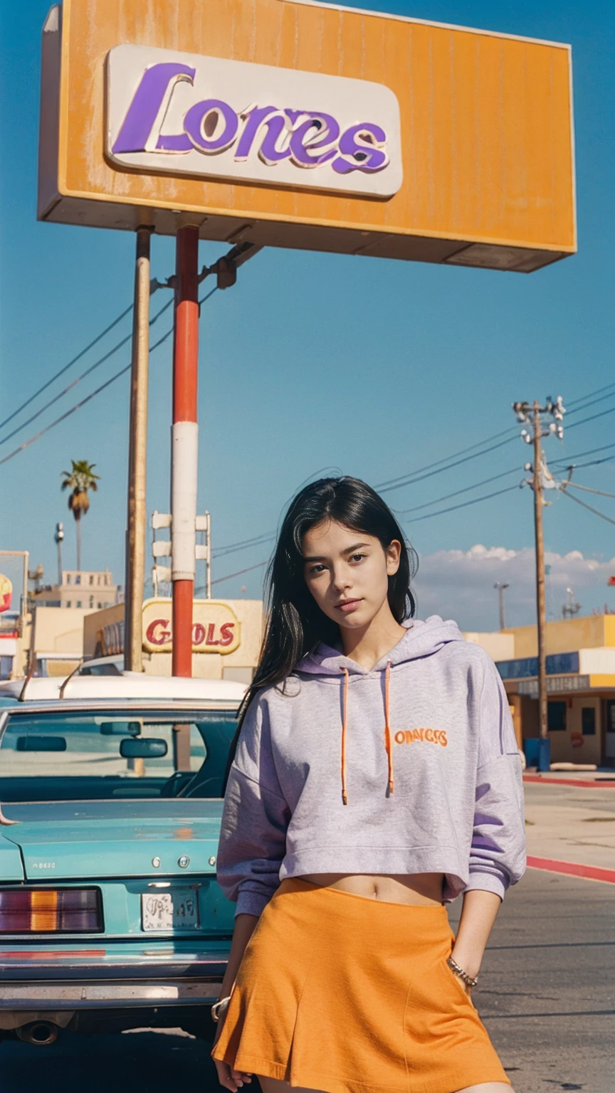 (medium shot portrait) one of cute 23 yo girl ,wear ((orange color oversized_hoodie)), wear ((purple tennis skirt)),looking front,Best Quality,Masterpiece,Ultra High Resolution,(Realisticity:1.4),Original Photo, 1Girl, light leak,ultra high resolution,UHD,beautiful, (black straight hair), almond eye, no makeup, in front of ((80's los angels colorful gas station)), (realistic:1.2), (surreal:1.3), (very detailed:1.1), ((masterpiece)),summer, blue sky, palm trees,sunny, los angles vibes,film camera, 800mm lens,style of Philip Lorca diCorcia