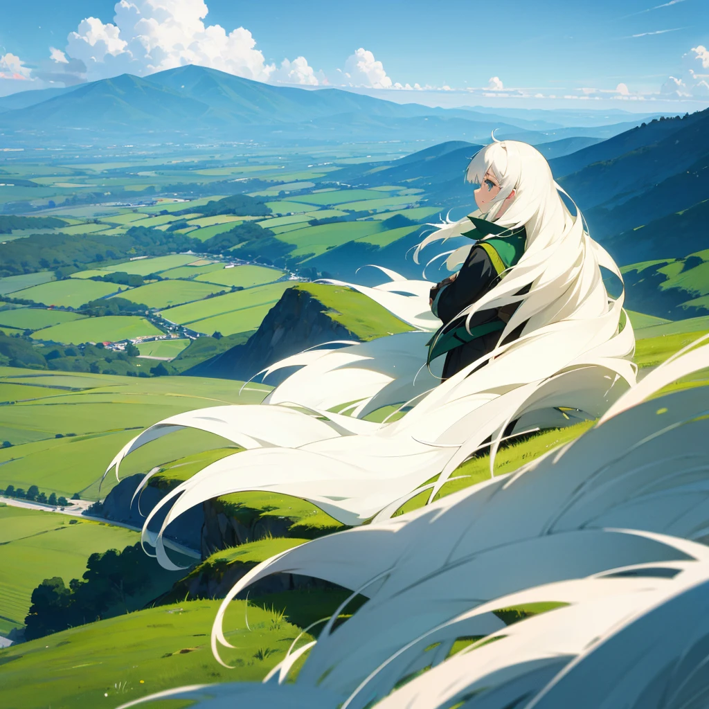 Anime girl, white hair, sky, Green mountains
