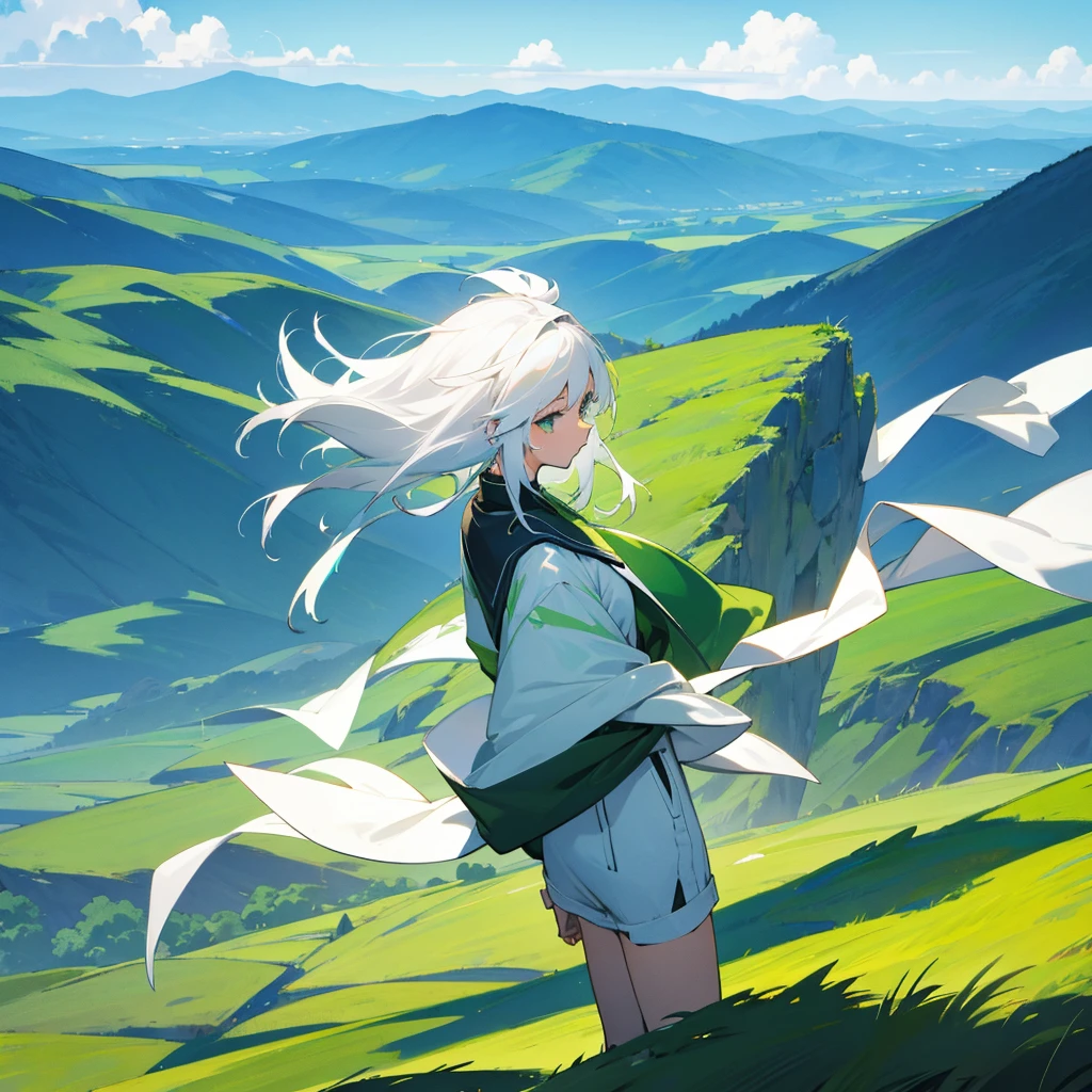 Anime girl, white hair, sky, Green mountains