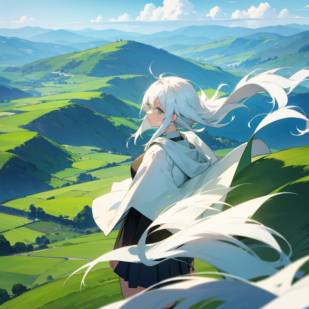 Anime girl, white hair, sky, Green mountains
