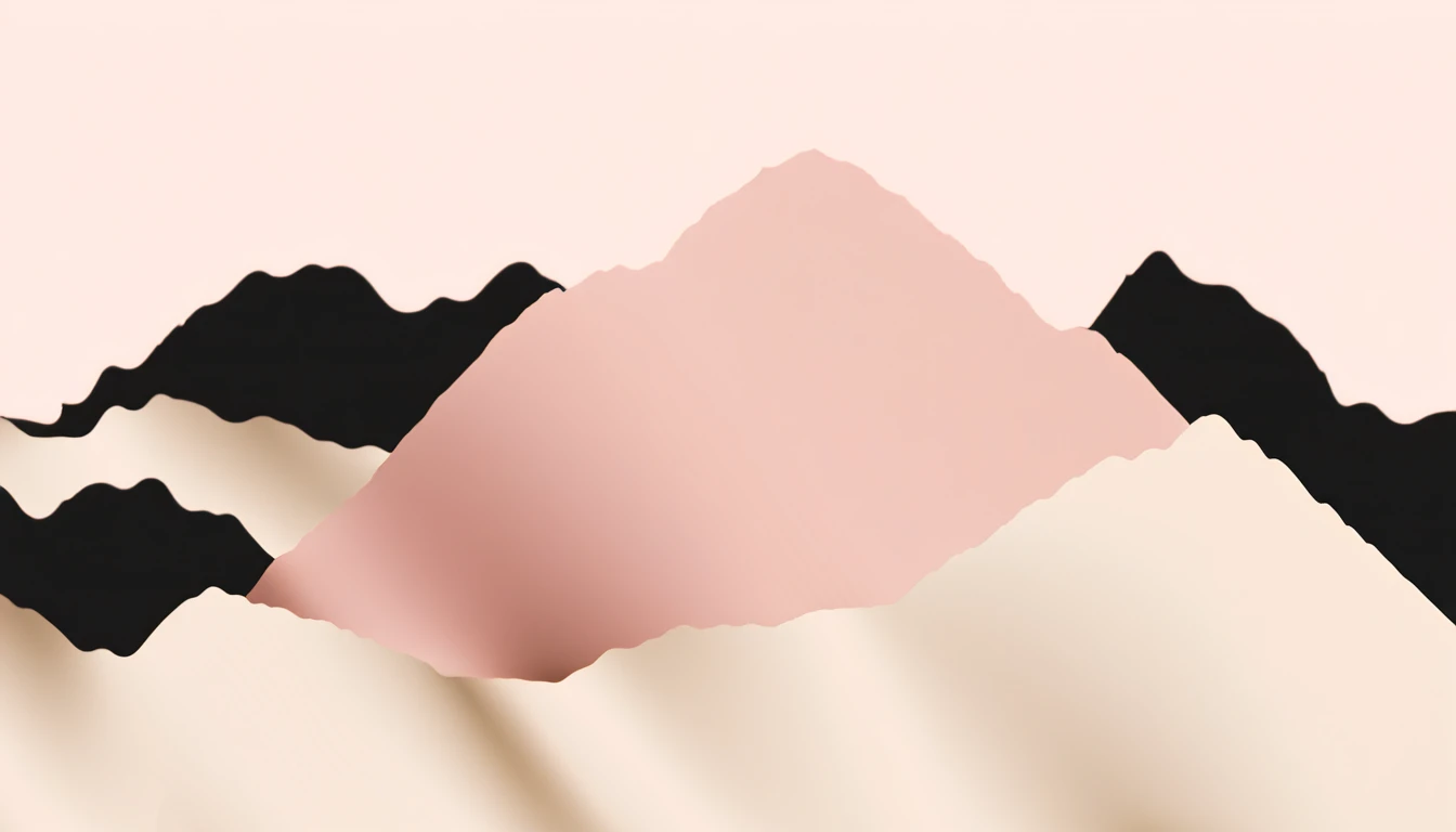 minimalist style,Black, light pink, creamy texture, clean imagery, impact, minimalist composition, poster quality. Layered, mountain peaks. Gold lines.