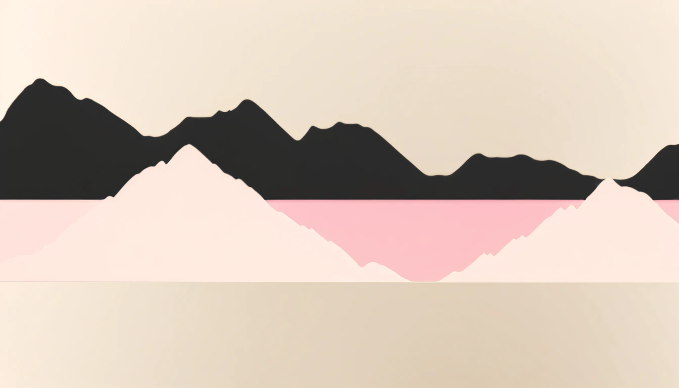 minimalist style，Black, light pink, creamy texture, clean imagery, impact, minimalist composition, poster quality. Layered, mountain peaks. Gold lines.