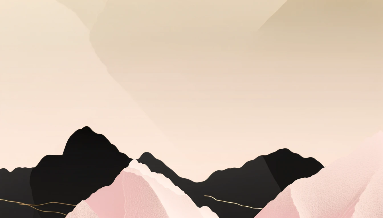 minimalist style,Black, light pink, creamy texture, clean imagery, impact, minimalist composition, poster quality. Layered, mountain peaks. Gold lines.