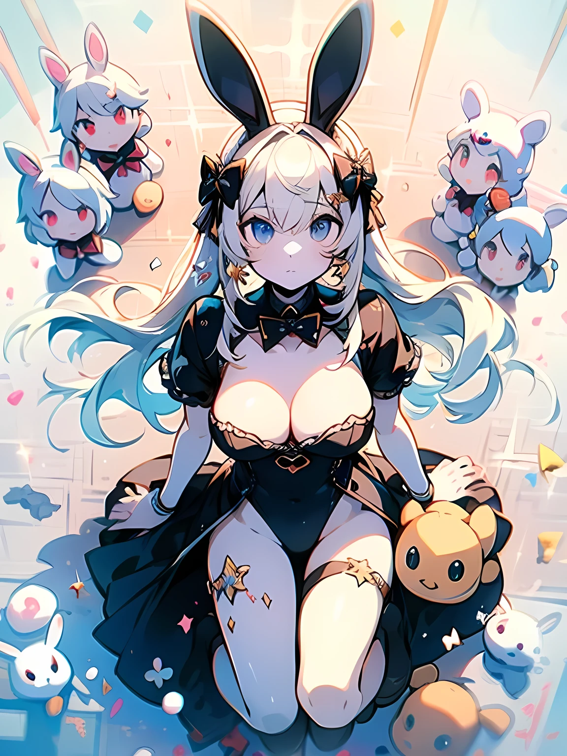 (from above:1.3),looking at viewer,There is a girl with bunny ears and dress, fairy core, Guvitz, close-up character, pale milky porcelain skin, porcelain white skin, ball joint doll, CG society,Enchanting chest、fullbody,