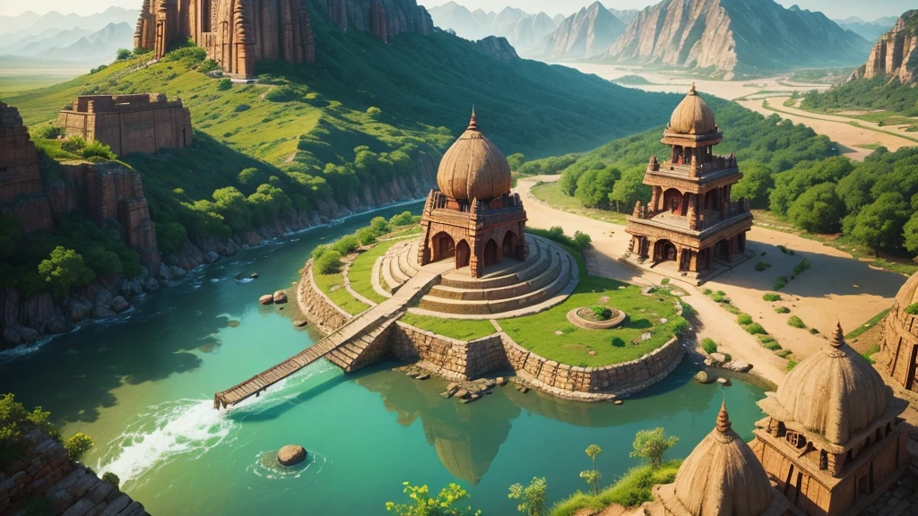 Beautiful scenery of ancient Indian village. Aerial view, Photorealistic photos, High definition.