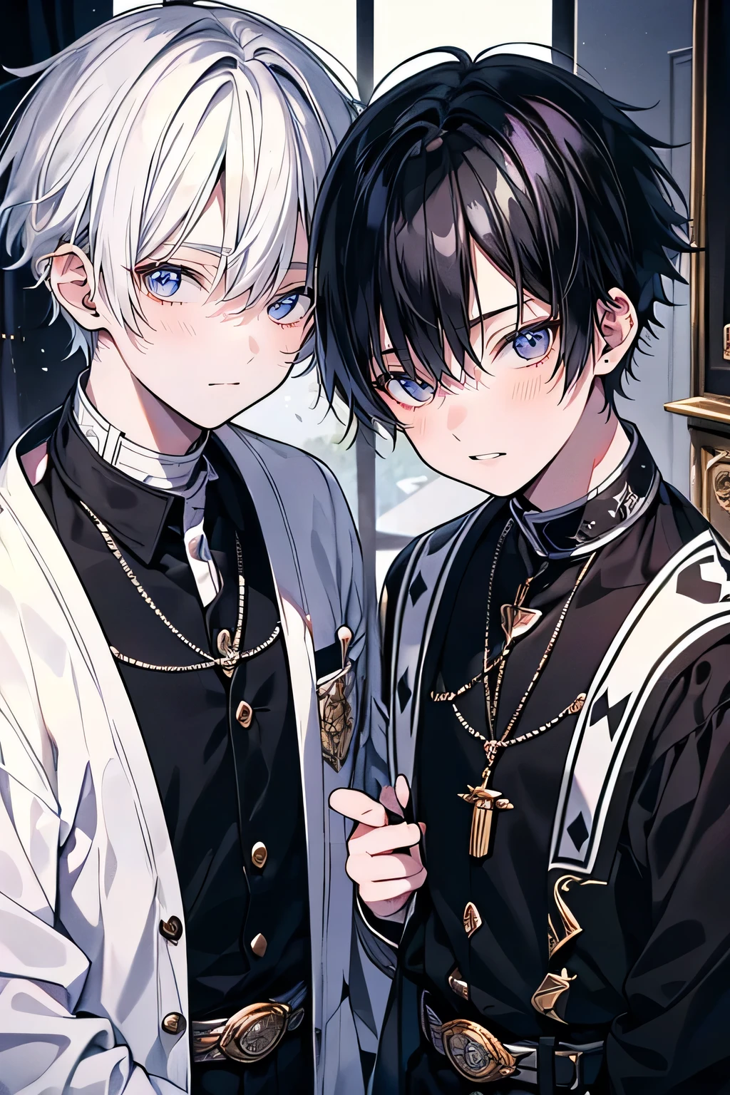 (Piece Fly), (best quality), Very detailed, ((Two friendly boys)), Perfect face, Pretty Face, Very detailed face,(Black-haired man:1.3),(White haired man:1.3),Smile,Around 13 years old,at home