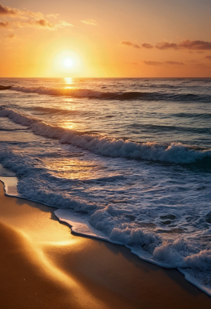 generate a beautiful morning beach landscape, with the sun rising at the horizon on the ocean.
