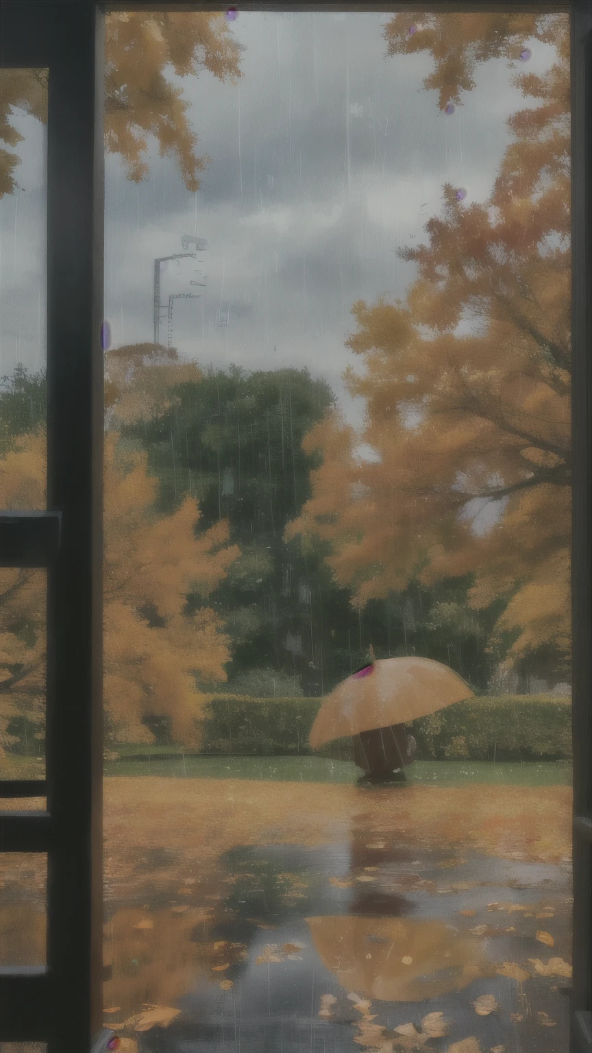 there is a window with a view of a tree outside, window ( rain ), fall leaves outside, autumn leaves, autumn rain turkel, raining outside the window, rainy window, it is raining outside the window, rainy day outside, raining outside, rain falling, rain falls, it's raining outside, rainy outside, rain!!!!, beautiful image, rainy mood, hyperrealistic fall, inside on a rainy day
