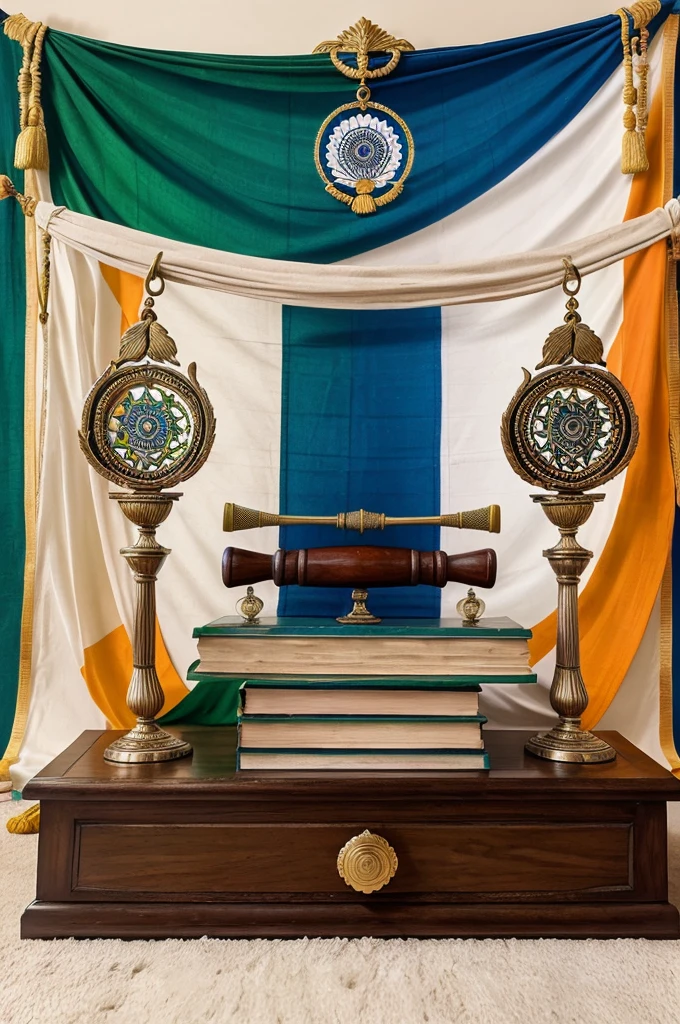 "Create an image featuring a gavel, books of the Indian Constitution, and balancing scales, all set against a backdrop that includes the Indian flag with its three horizontal stripes of saffron, white, and green, and a blue Ashoka Chakra in the center."

