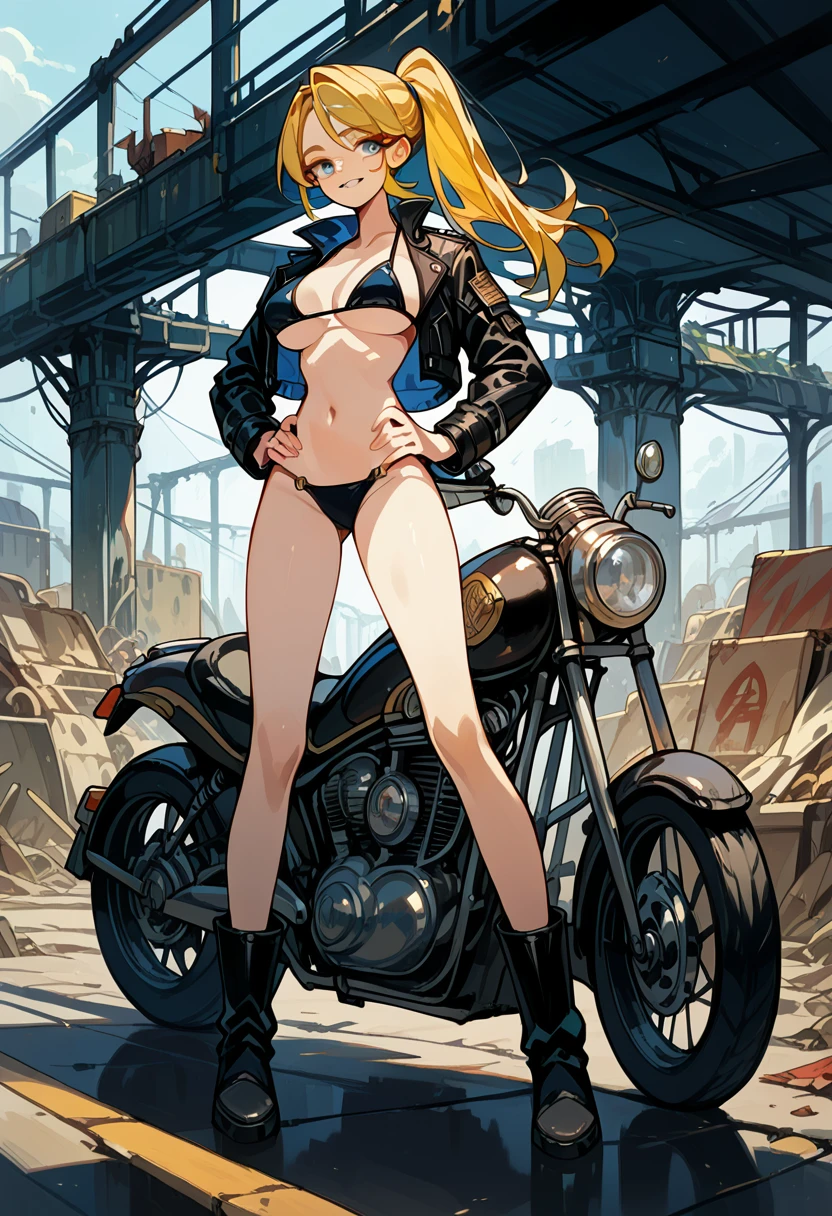 Masterpiece, best quality, Masterpiece, best quality, 1 woman , blue eyes , yellow ponytail , black leather jacket , sly face , smile , bikini , abdomen, big breasts , Long legs , boots , hands on hips , motorcycle , abandoned factory , at night