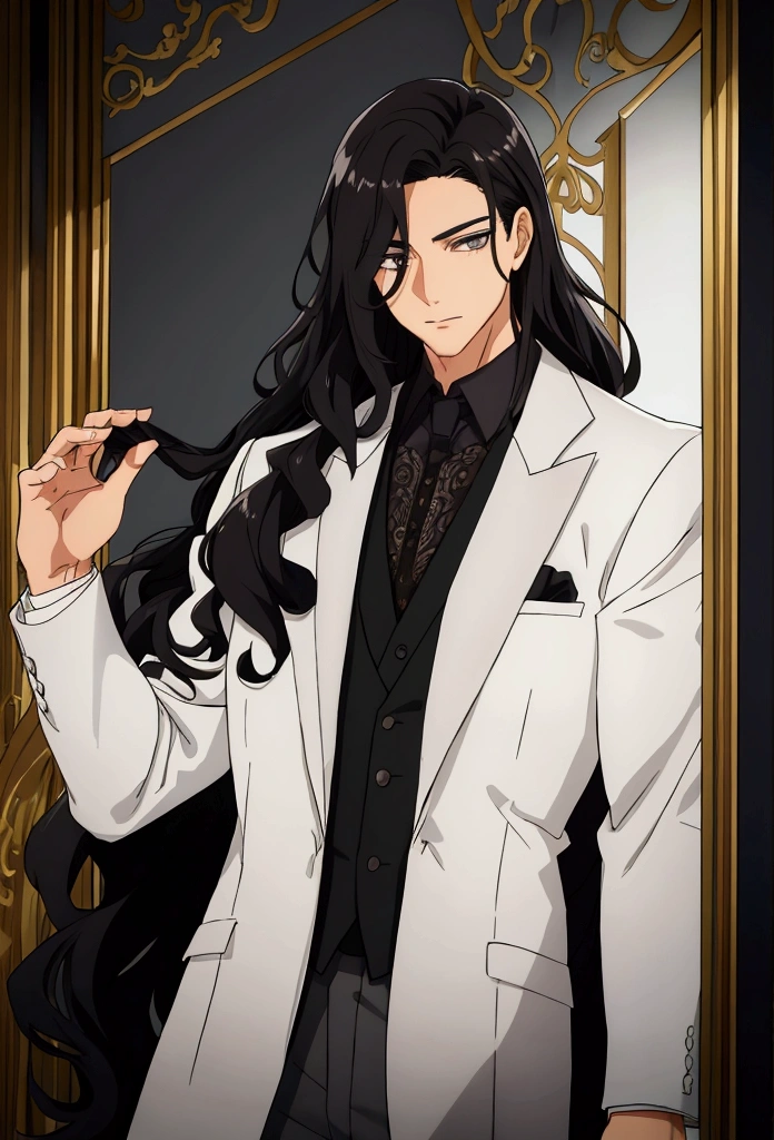 male gender, long wavy black hair, grey eyes, Large and marked body, with formal clothes